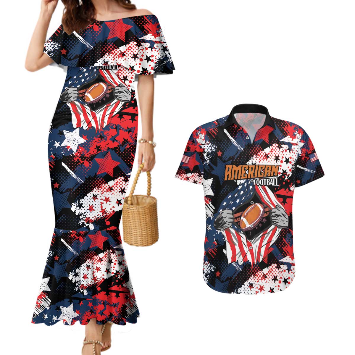 Custom American Football Grunge Couples Matching Mermaid Dress and Hawaiian Shirt Special Version - Wonder Print Shop