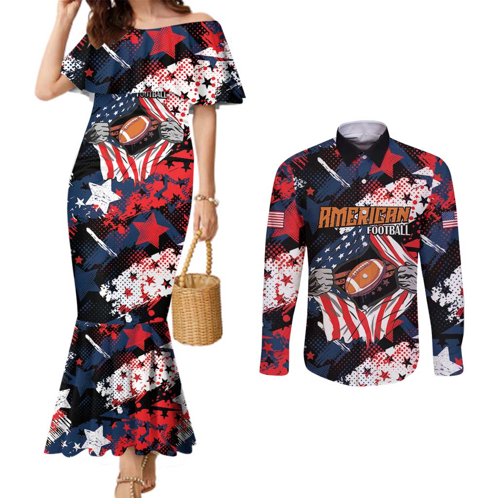 Custom American Football Grunge Couples Matching Mermaid Dress and Long Sleeve Button Shirt Special Version - Wonder Print Shop