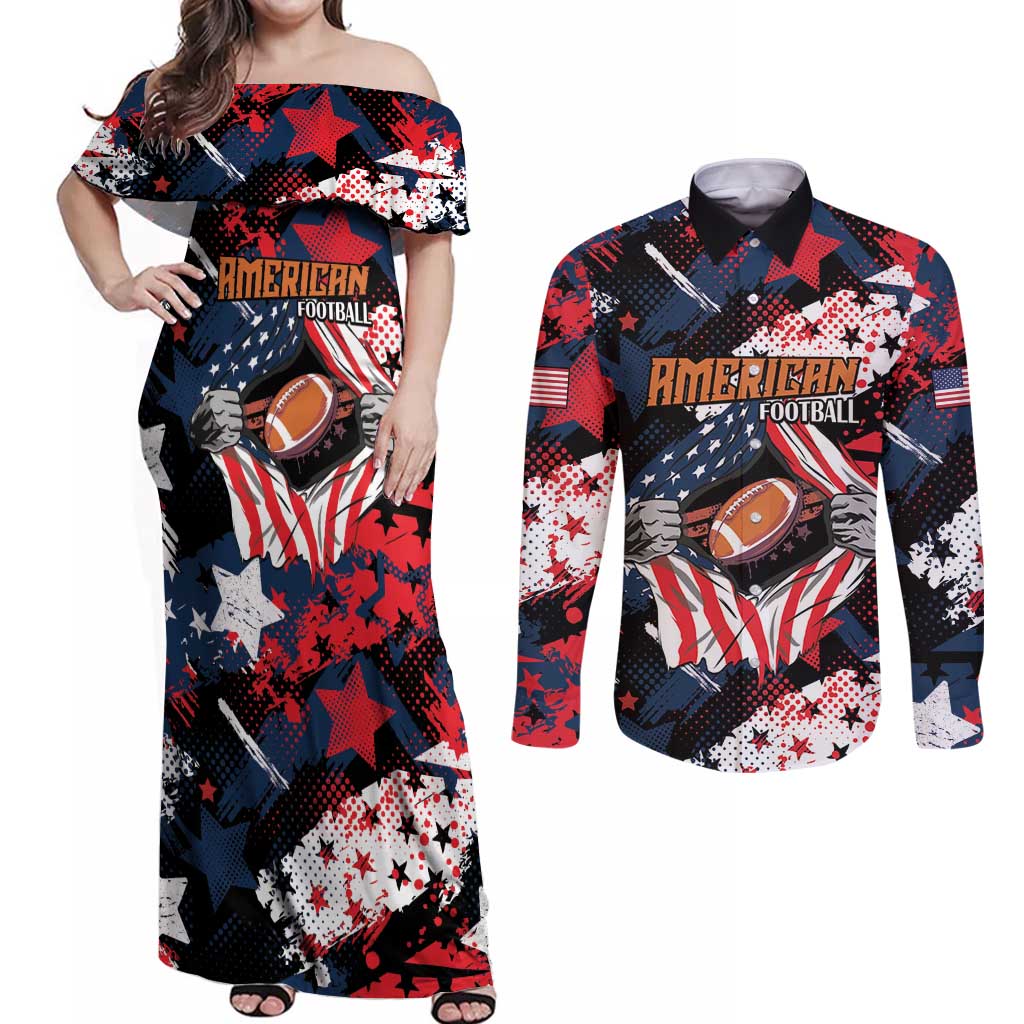 Custom American Football Grunge Couples Matching Off Shoulder Maxi Dress and Long Sleeve Button Shirt Special Version - Wonder Print Shop