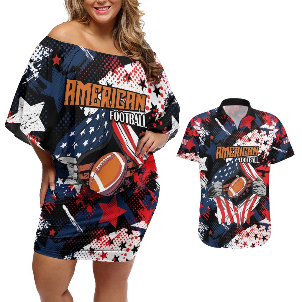 Custom American Football Grunge Couples Matching Off Shoulder Short Dress and Hawaiian Shirt Special Version - Wonder Print Shop