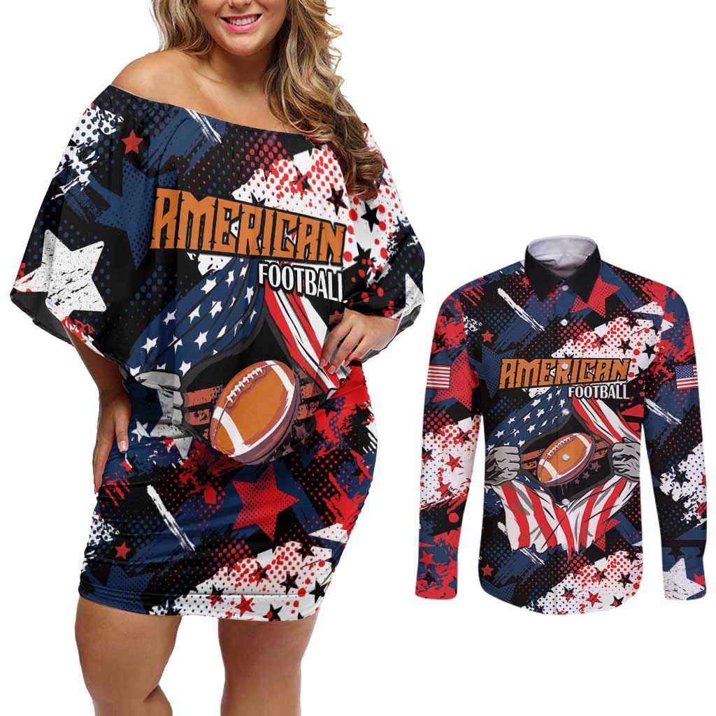 Custom American Football Grunge Couples Matching Off Shoulder Short Dress and Long Sleeve Button Shirt Special Version - Wonder Print Shop