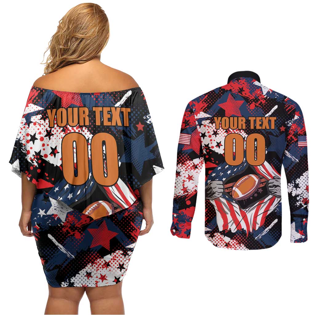 Custom American Football Grunge Couples Matching Off Shoulder Short Dress and Long Sleeve Button Shirt Special Version - Wonder Print Shop