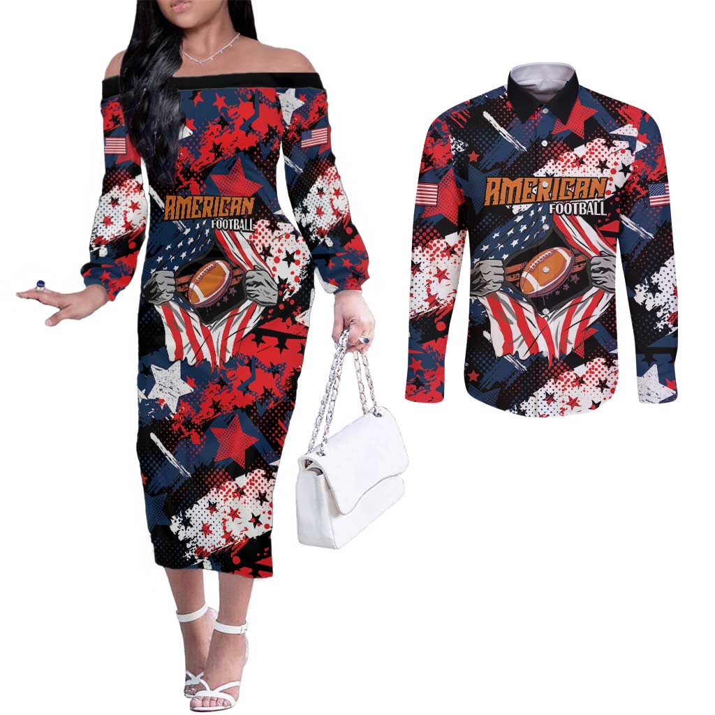 Custom American Football Grunge Couples Matching Off The Shoulder Long Sleeve Dress and Long Sleeve Button Shirt Special Version - Wonder Print Shop