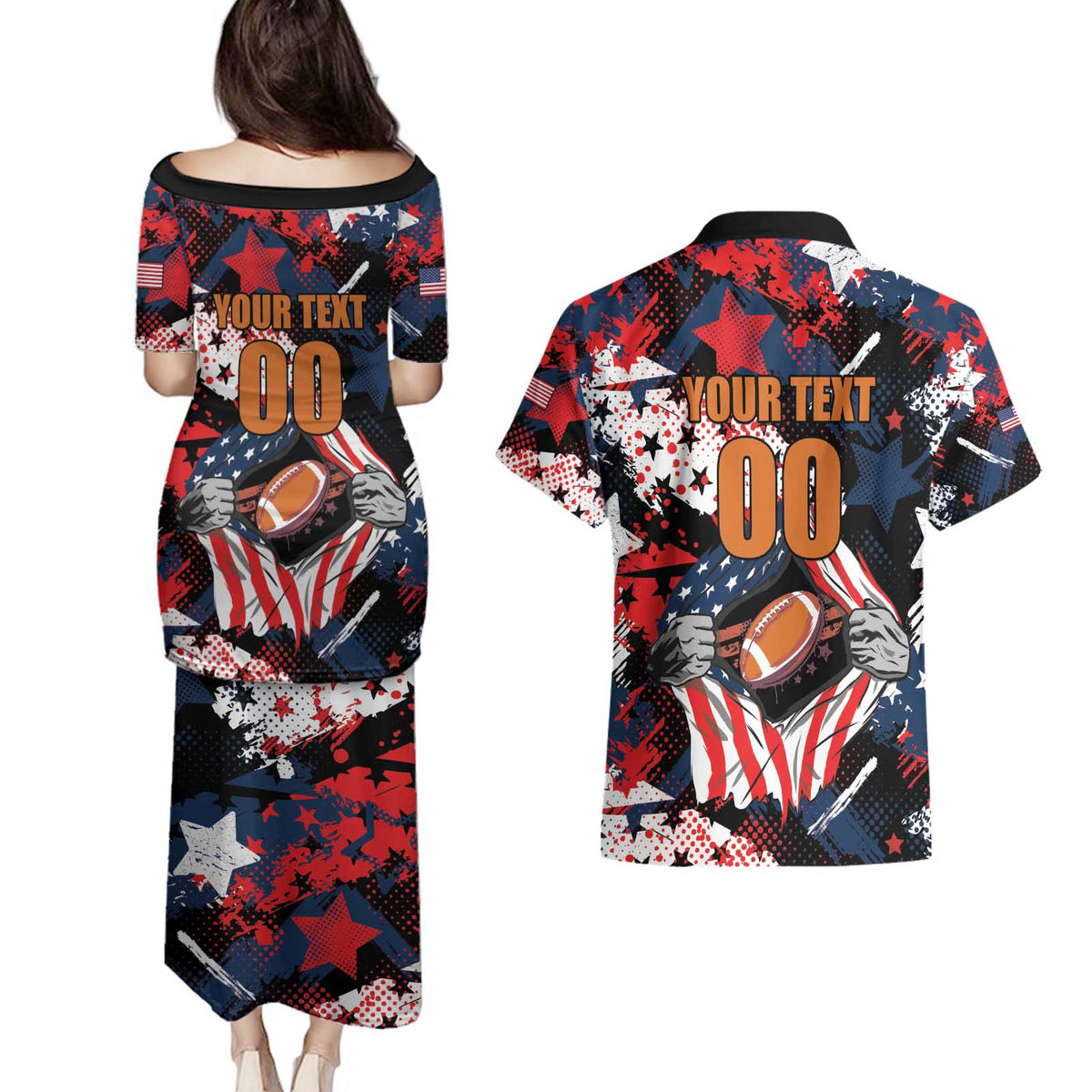 Custom American Football Grunge Couples Matching Puletasi and Hawaiian Shirt Special Version - Wonder Print Shop