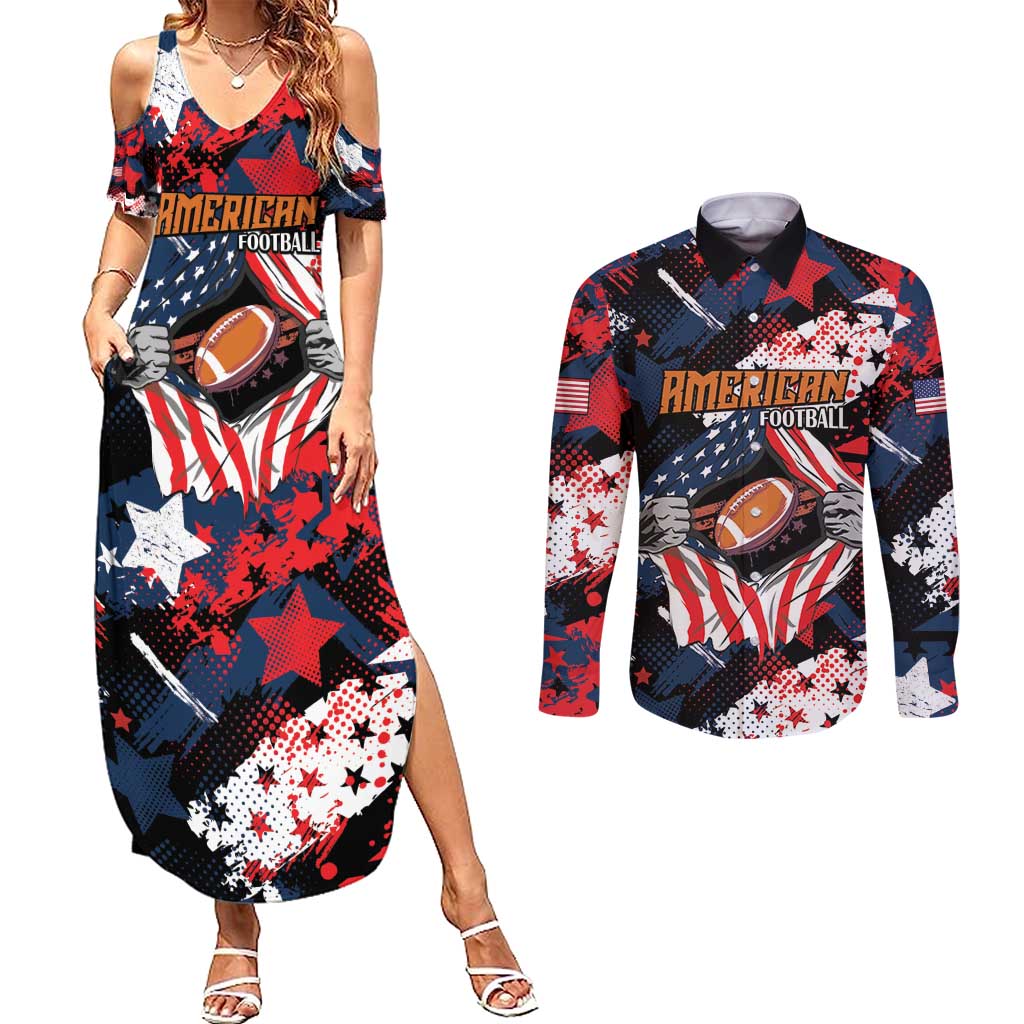 Custom American Football Grunge Couples Matching Summer Maxi Dress and Long Sleeve Button Shirt Special Version - Wonder Print Shop
