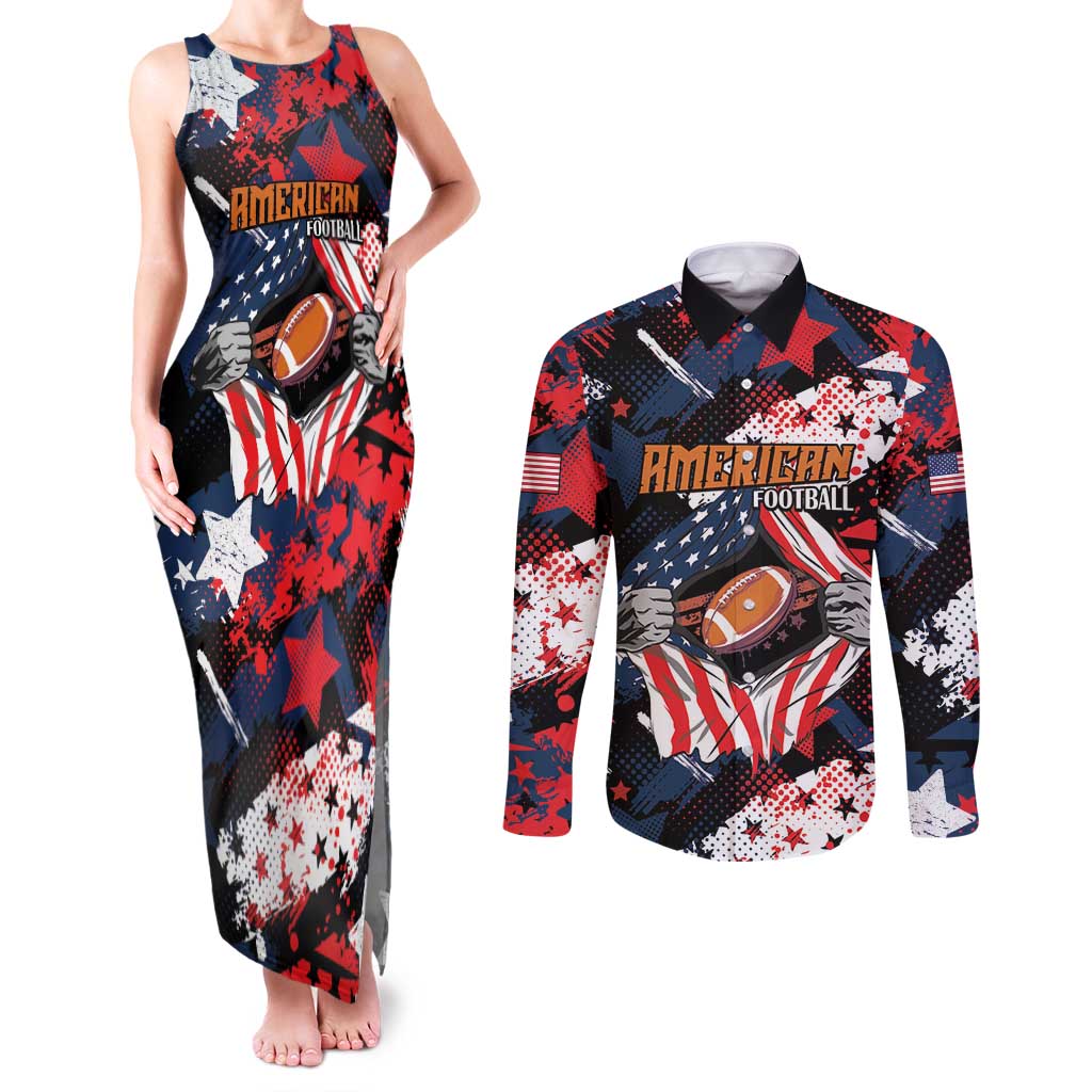 Custom American Football Grunge Couples Matching Tank Maxi Dress and Long Sleeve Button Shirt Special Version - Wonder Print Shop