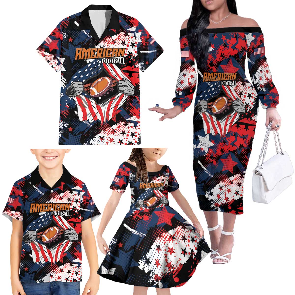 Custom American Football Grunge Family Matching Off The Shoulder Long Sleeve Dress and Hawaiian Shirt Special Version - Wonder Print Shop