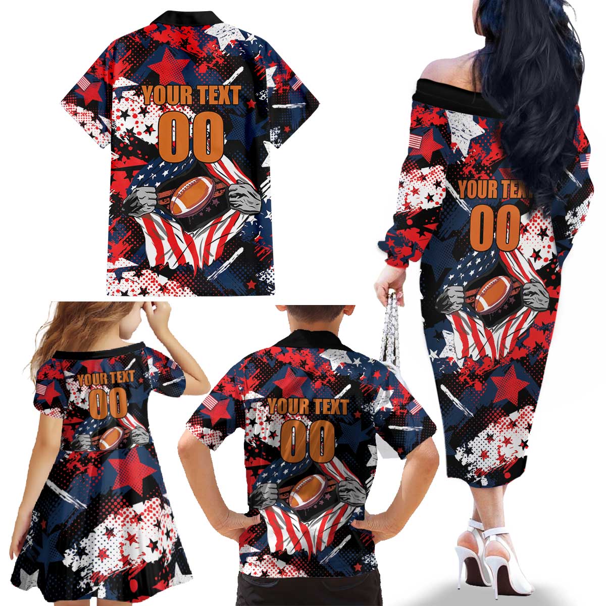 Custom American Football Grunge Family Matching Off The Shoulder Long Sleeve Dress and Hawaiian Shirt Special Version - Wonder Print Shop