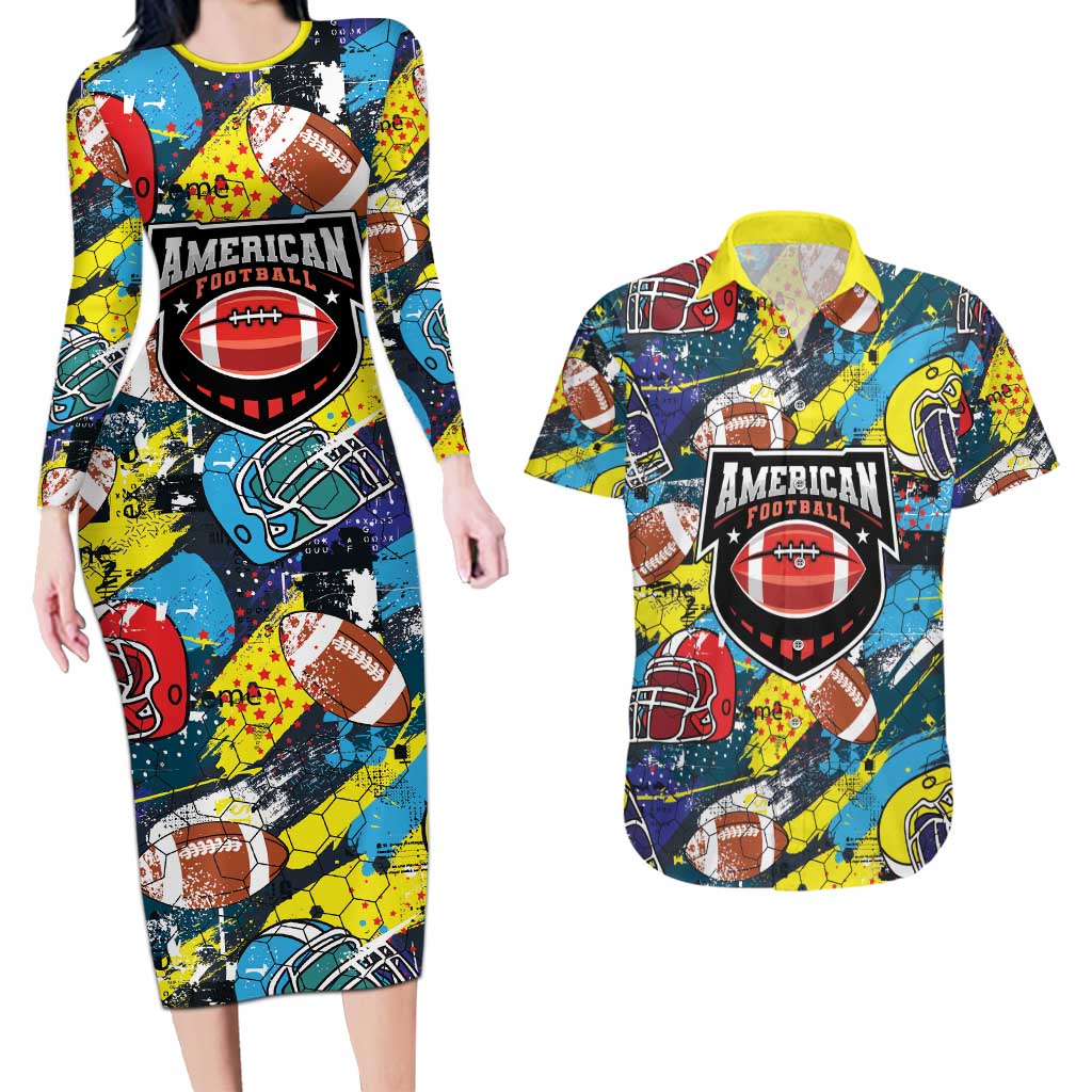 Custom American Football Graffiti Couples Matching Long Sleeve Bodycon Dress and Hawaiian Shirt Unique Style - Wonder Print Shop
