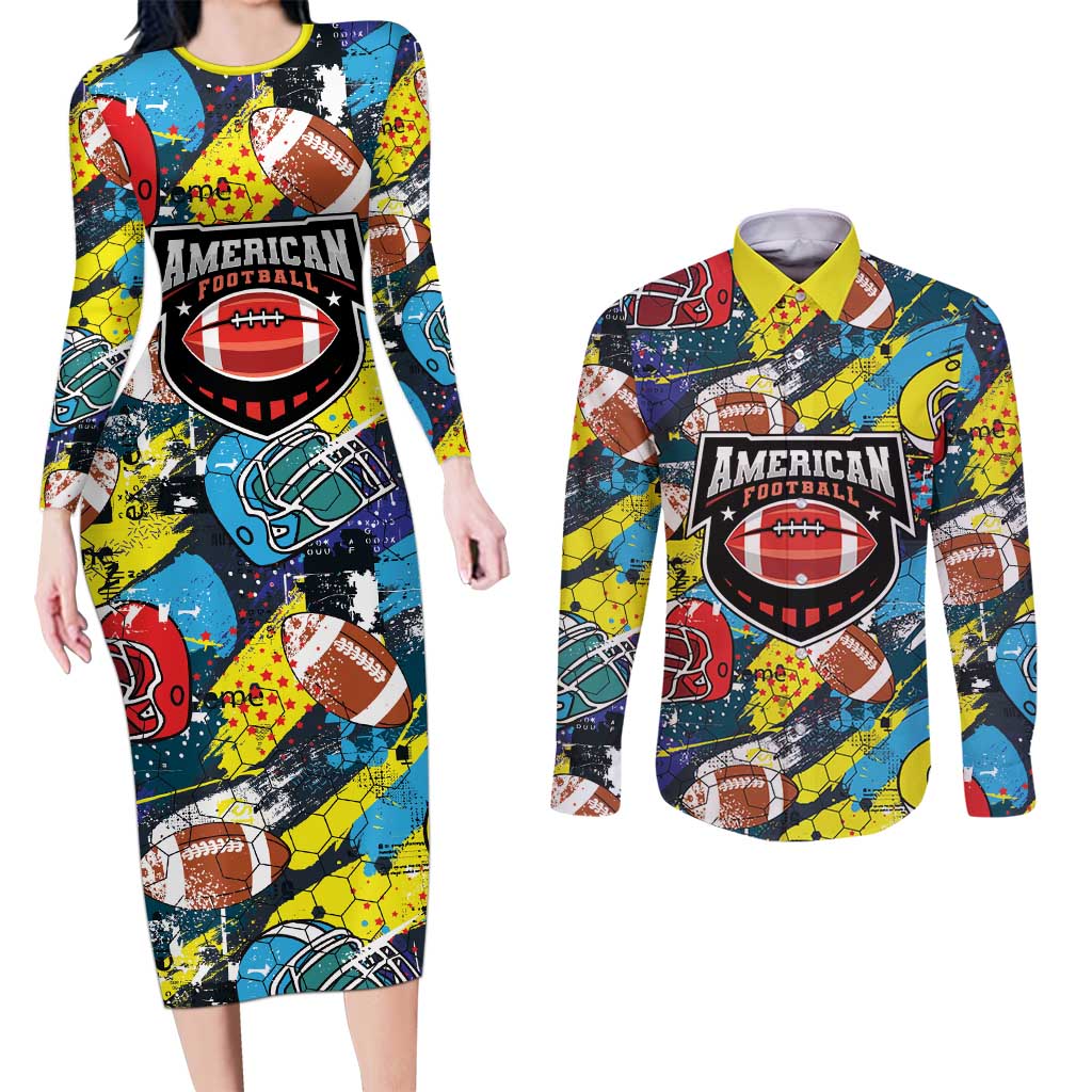Custom American Football Graffiti Couples Matching Long Sleeve Bodycon Dress and Long Sleeve Button Shirt Unique Style - Wonder Print Shop