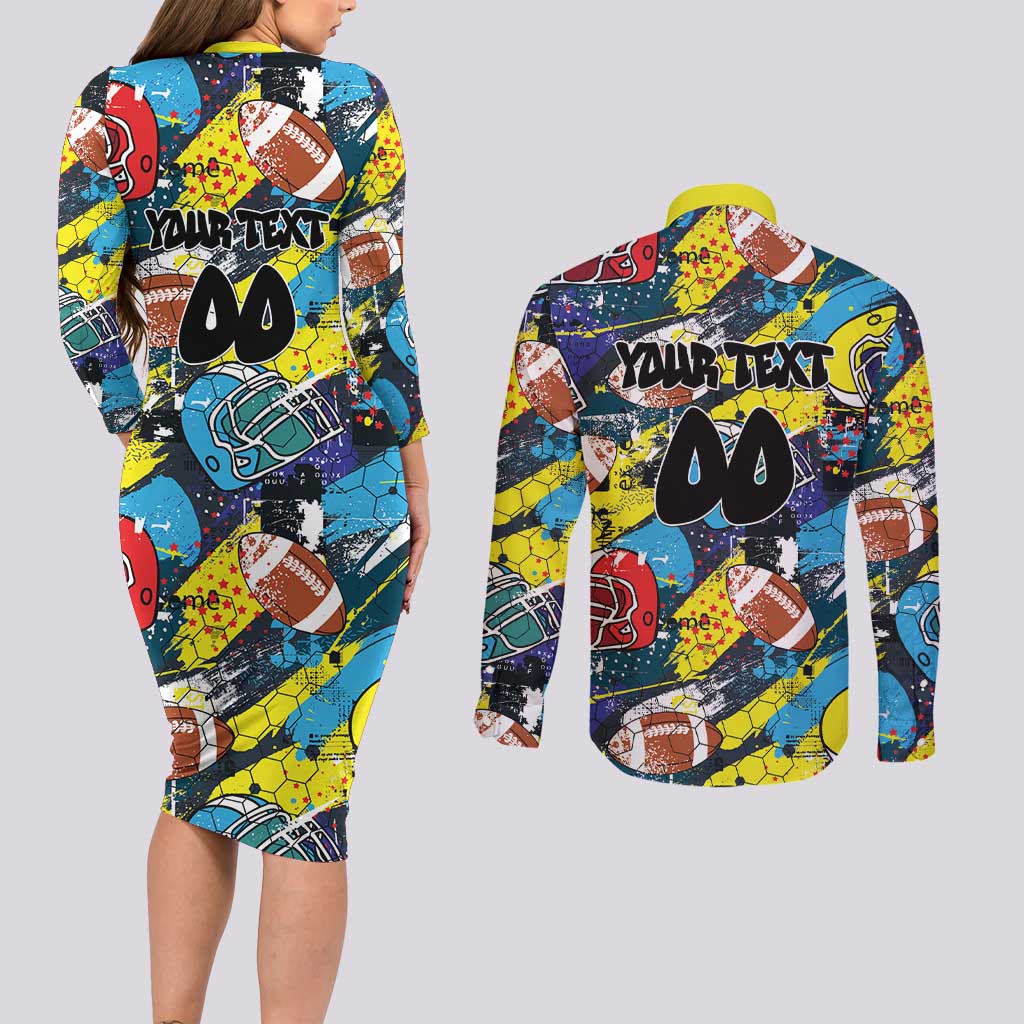 Custom American Football Graffiti Couples Matching Long Sleeve Bodycon Dress and Long Sleeve Button Shirt Unique Style - Wonder Print Shop