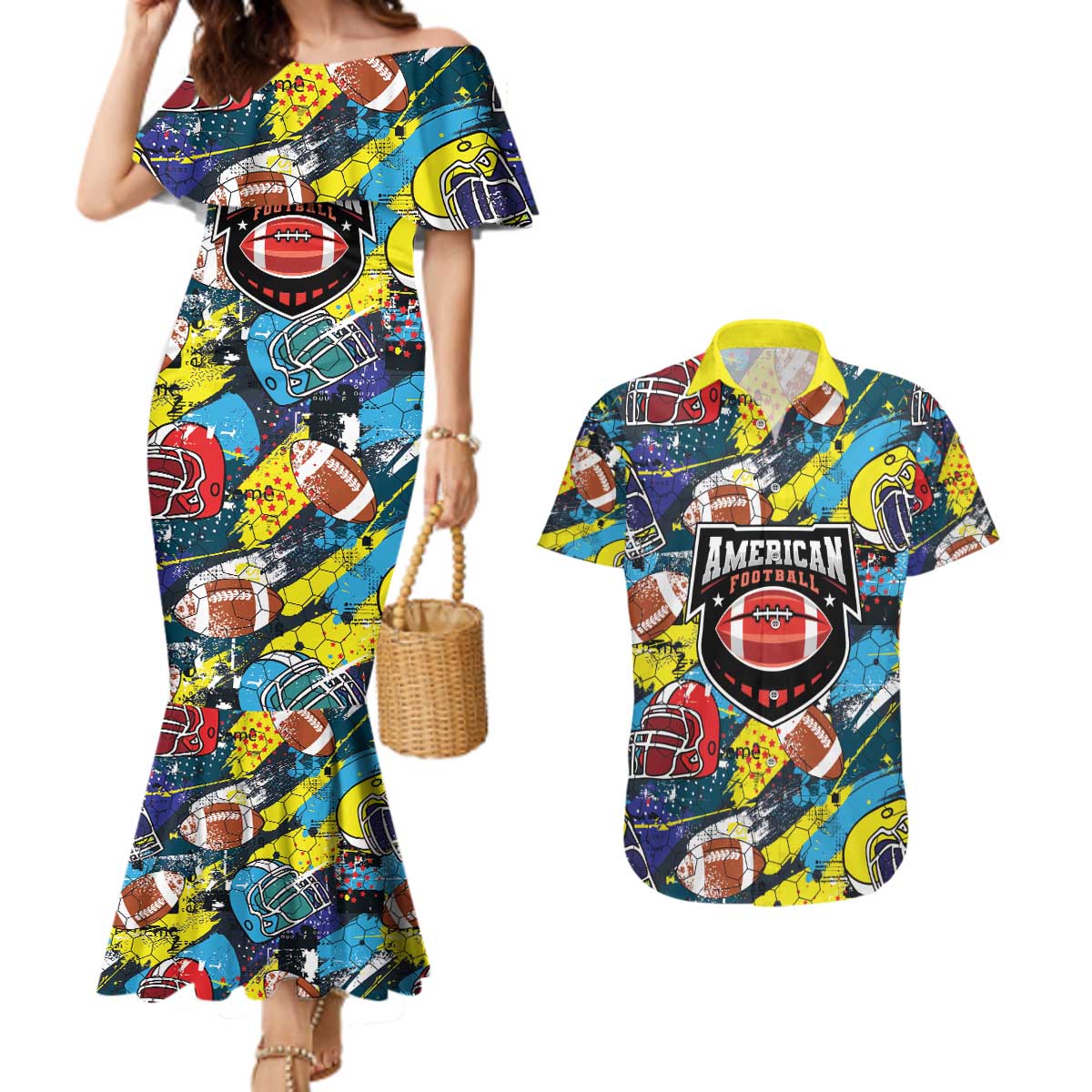 Custom American Football Graffiti Couples Matching Mermaid Dress and Hawaiian Shirt Unique Style - Wonder Print Shop