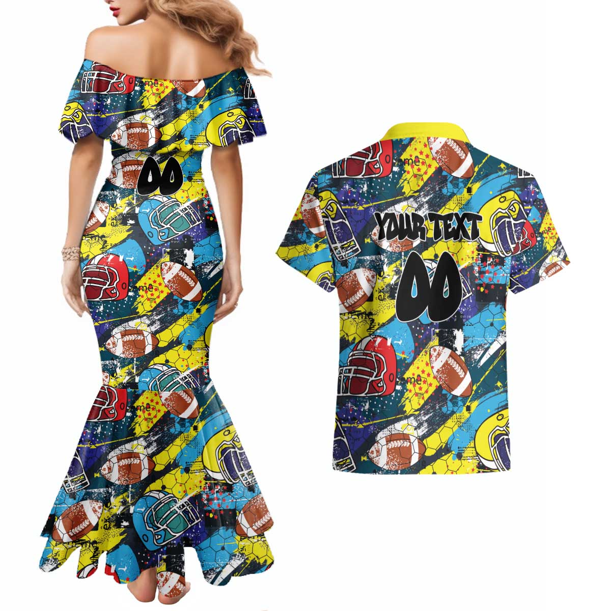 Custom American Football Graffiti Couples Matching Mermaid Dress and Hawaiian Shirt Unique Style - Wonder Print Shop