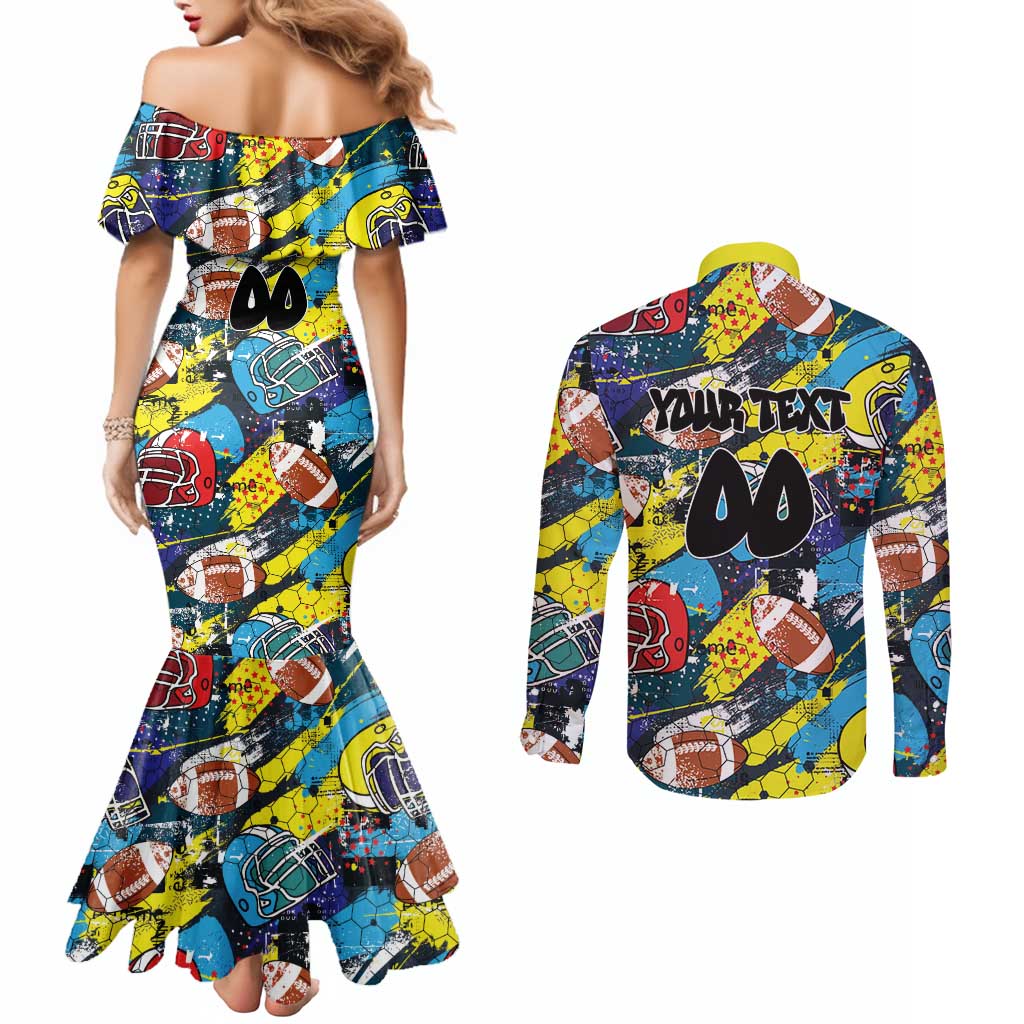 Custom American Football Graffiti Couples Matching Mermaid Dress and Long Sleeve Button Shirt Unique Style - Wonder Print Shop