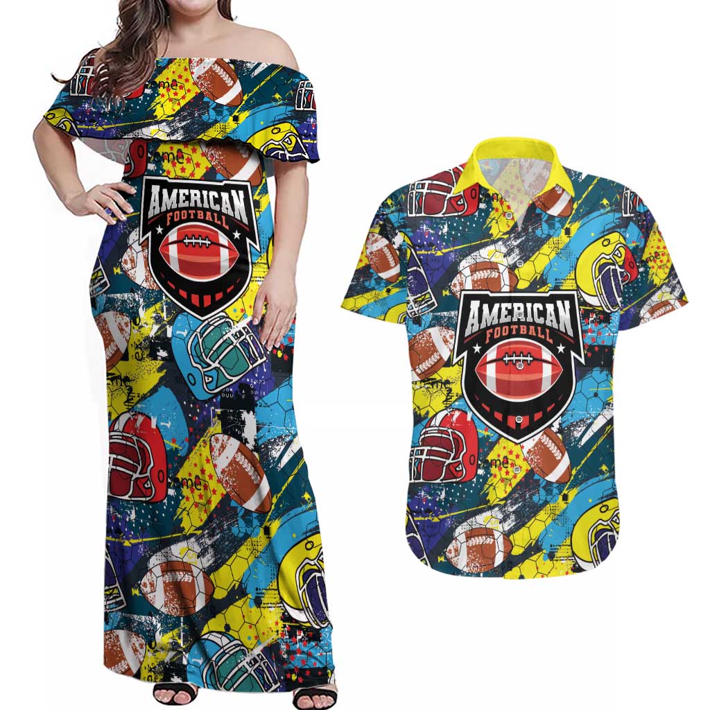 Custom American Football Graffiti Couples Matching Off Shoulder Maxi Dress and Hawaiian Shirt Unique Style - Wonder Print Shop