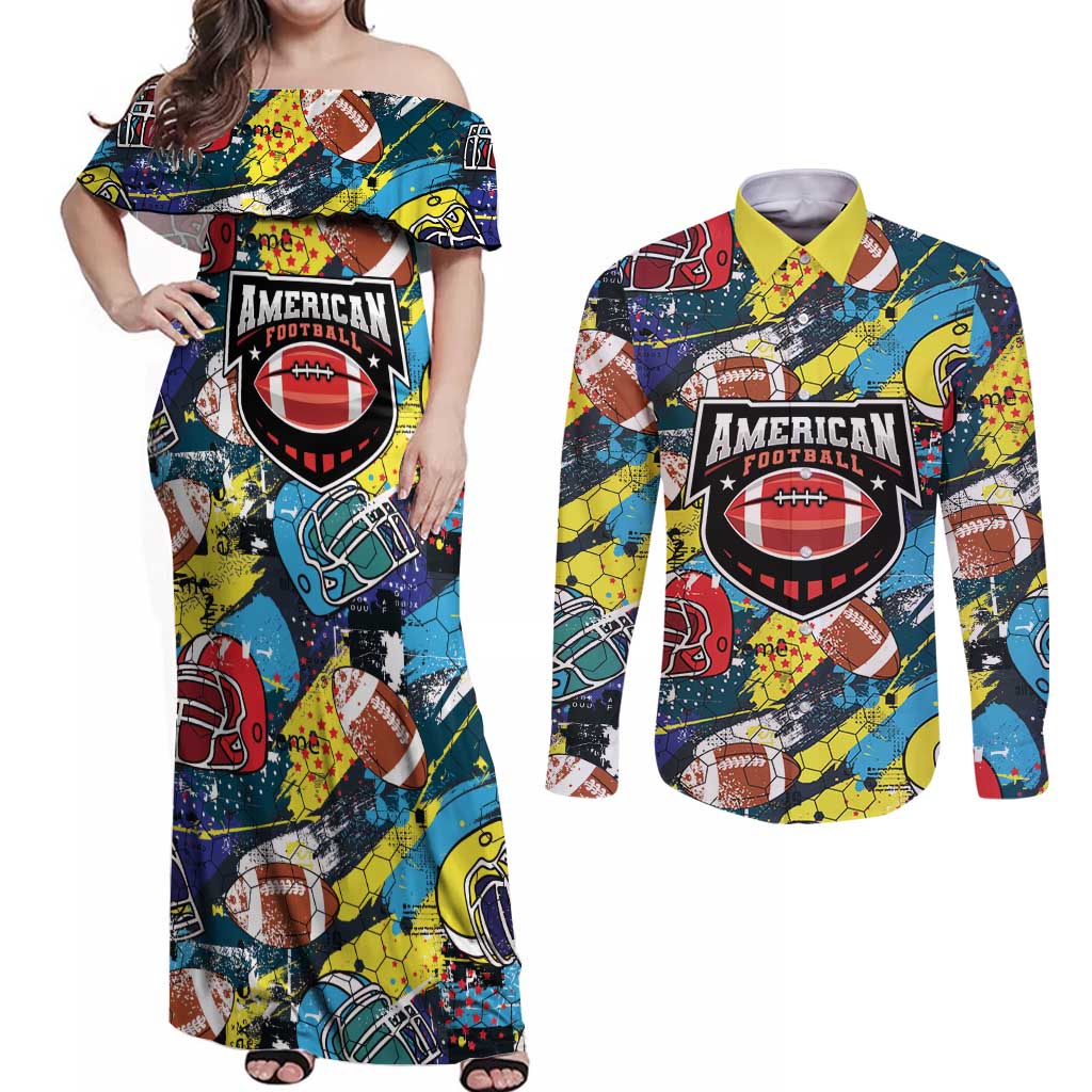 Custom American Football Graffiti Couples Matching Off Shoulder Maxi Dress and Long Sleeve Button Shirt Unique Style - Wonder Print Shop