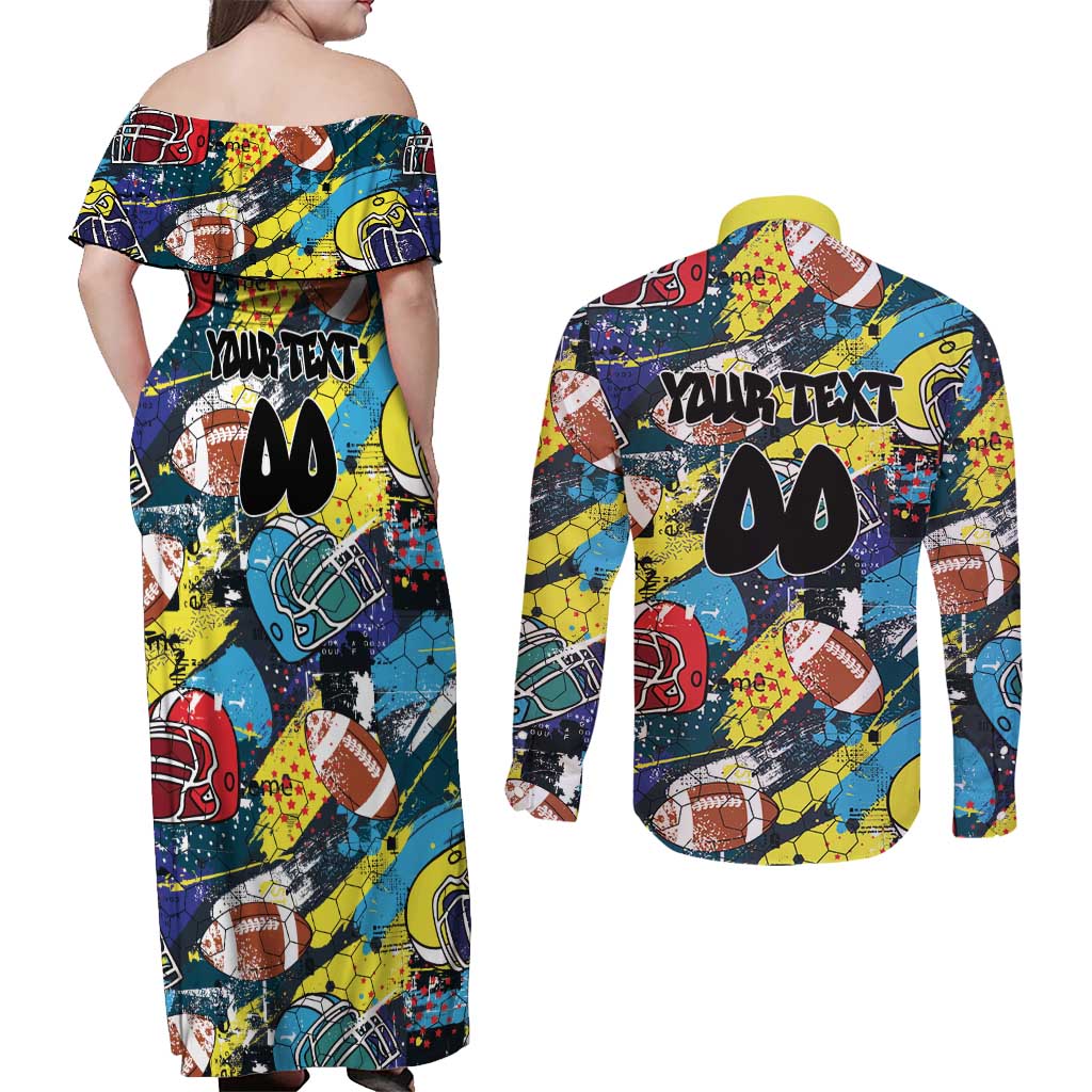 Custom American Football Graffiti Couples Matching Off Shoulder Maxi Dress and Long Sleeve Button Shirt Unique Style - Wonder Print Shop