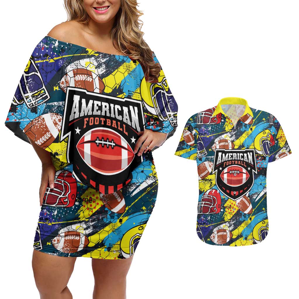 Custom American Football Graffiti Couples Matching Off Shoulder Short Dress and Hawaiian Shirt Unique Style - Wonder Print Shop