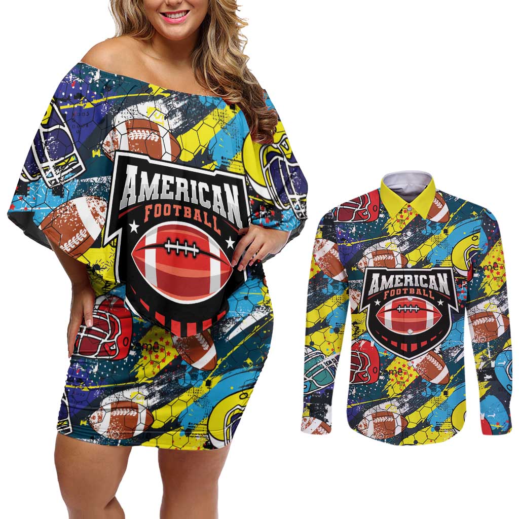 Custom American Football Graffiti Couples Matching Off Shoulder Short Dress and Long Sleeve Button Shirt Unique Style - Wonder Print Shop