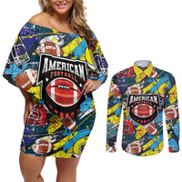 Custom American Football Graffiti Couples Matching Off Shoulder Short Dress and Long Sleeve Button Shirt Unique Style - Wonder Print Shop