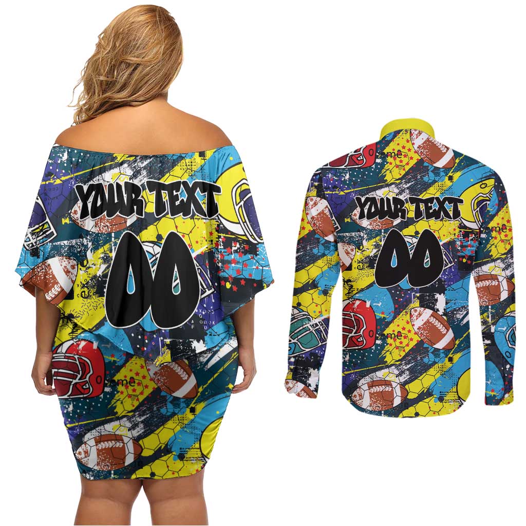 Custom American Football Graffiti Couples Matching Off Shoulder Short Dress and Long Sleeve Button Shirt Unique Style - Wonder Print Shop