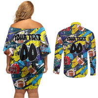 Custom American Football Graffiti Couples Matching Off Shoulder Short Dress and Long Sleeve Button Shirt Unique Style - Wonder Print Shop