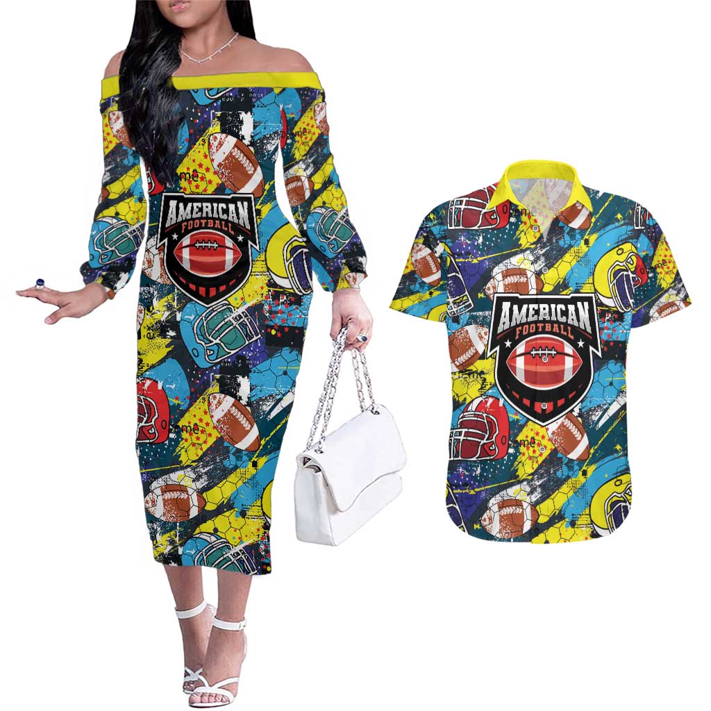 Custom American Football Graffiti Couples Matching Off The Shoulder Long Sleeve Dress and Hawaiian Shirt Unique Style - Wonder Print Shop