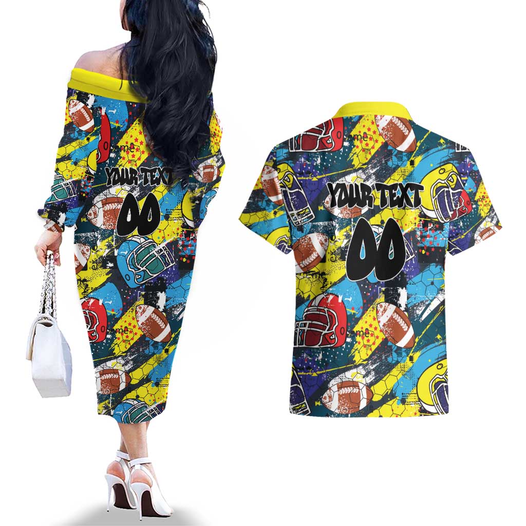 Custom American Football Graffiti Couples Matching Off The Shoulder Long Sleeve Dress and Hawaiian Shirt Unique Style - Wonder Print Shop