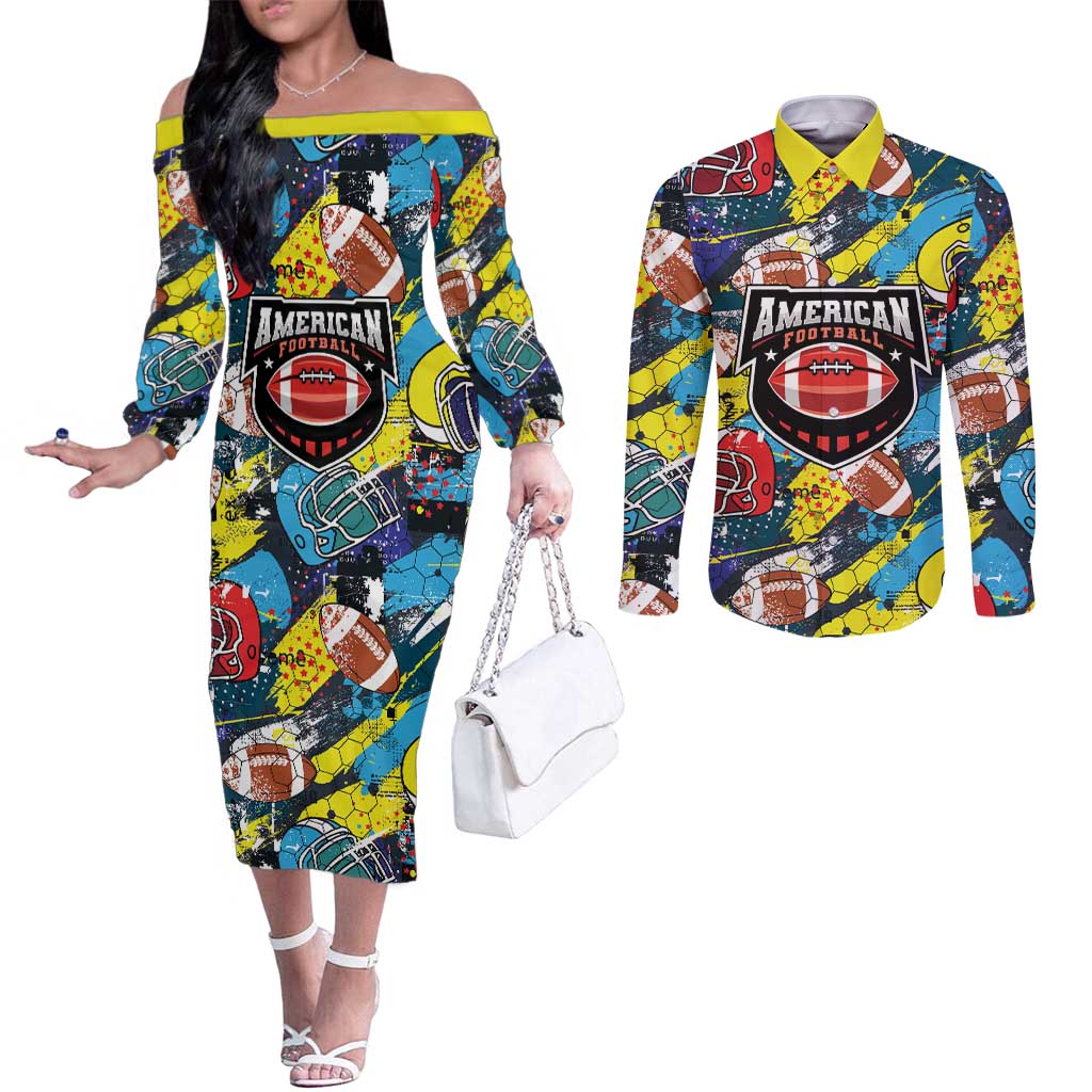 Custom American Football Graffiti Couples Matching Off The Shoulder Long Sleeve Dress and Long Sleeve Button Shirt Unique Style - Wonder Print Shop