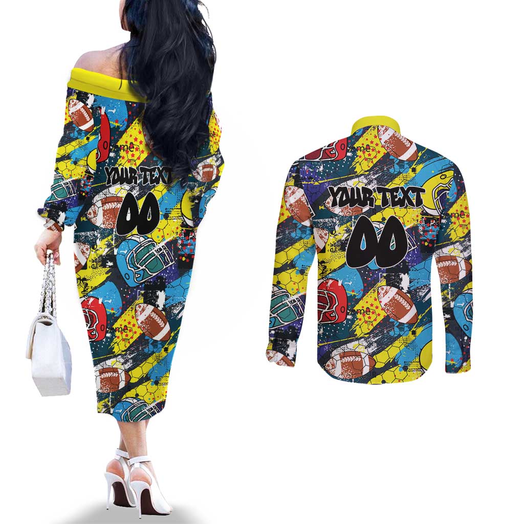 Custom American Football Graffiti Couples Matching Off The Shoulder Long Sleeve Dress and Long Sleeve Button Shirt Unique Style - Wonder Print Shop