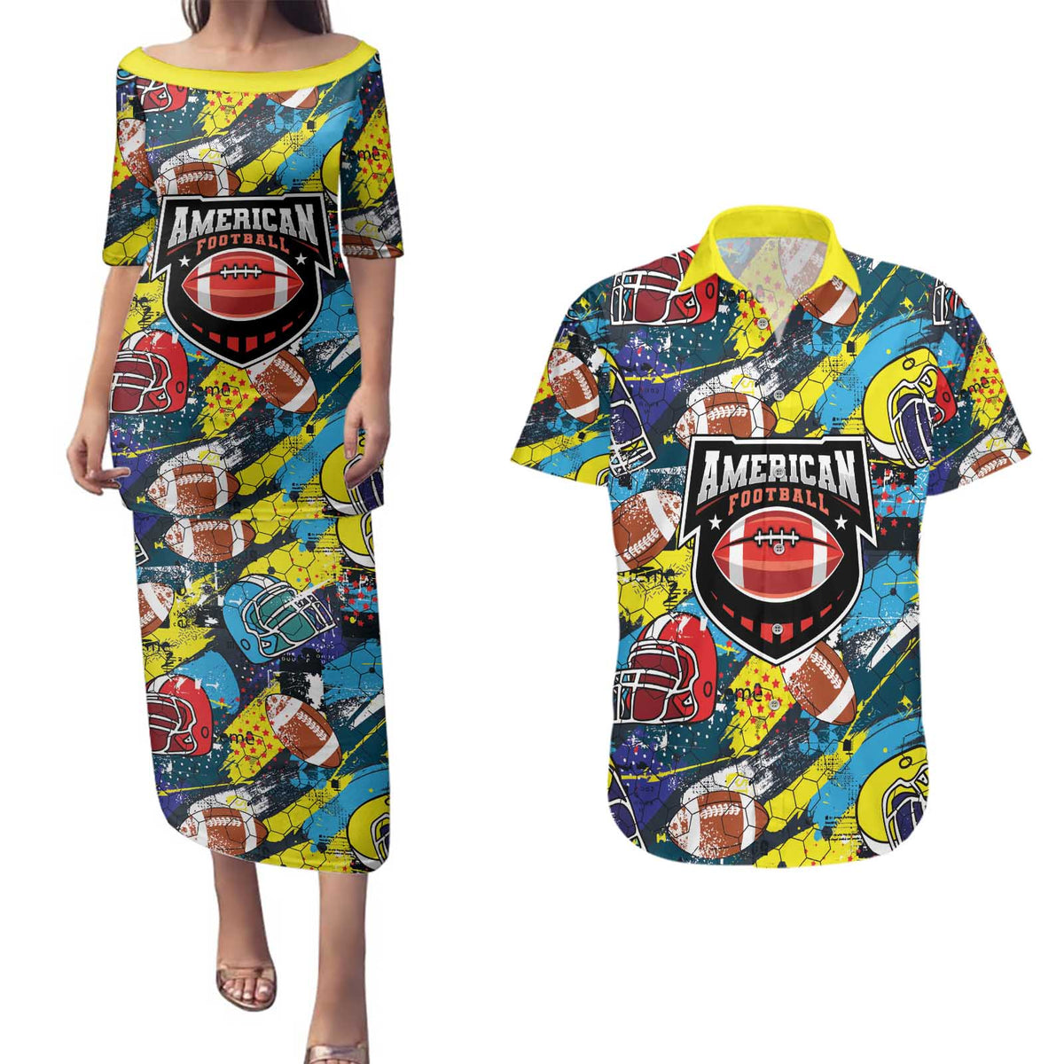 Custom American Football Graffiti Couples Matching Puletasi and Hawaiian Shirt Unique Style - Wonder Print Shop
