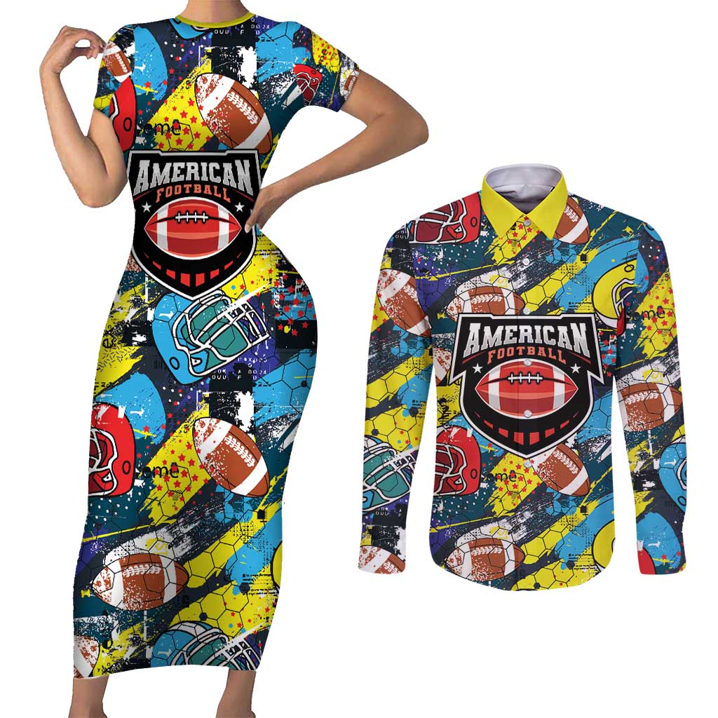 Custom American Football Graffiti Couples Matching Short Sleeve Bodycon Dress and Long Sleeve Button Shirt Unique Style - Wonder Print Shop