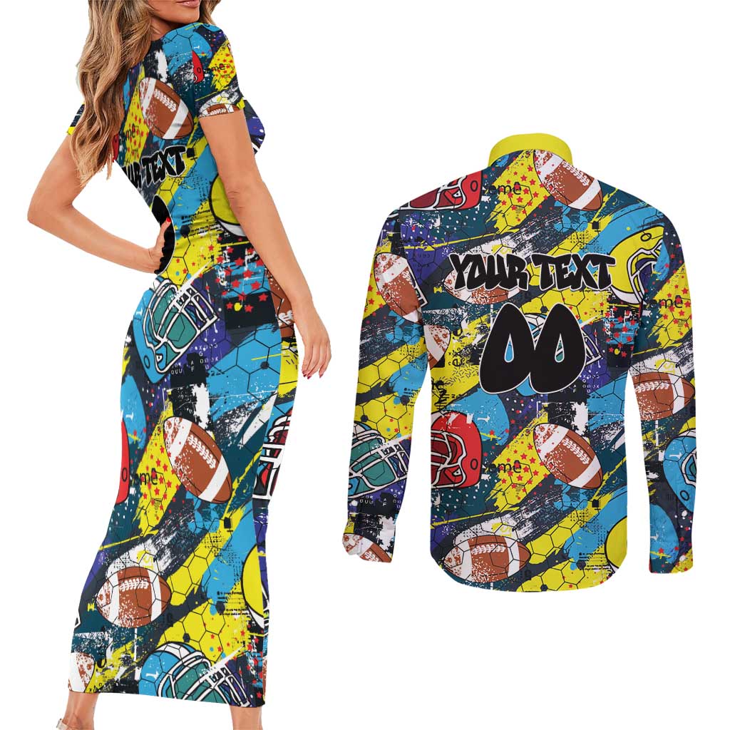 Custom American Football Graffiti Couples Matching Short Sleeve Bodycon Dress and Long Sleeve Button Shirt Unique Style - Wonder Print Shop