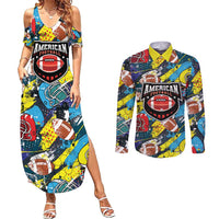 Custom American Football Graffiti Couples Matching Summer Maxi Dress and Long Sleeve Button Shirt Unique Style - Wonder Print Shop