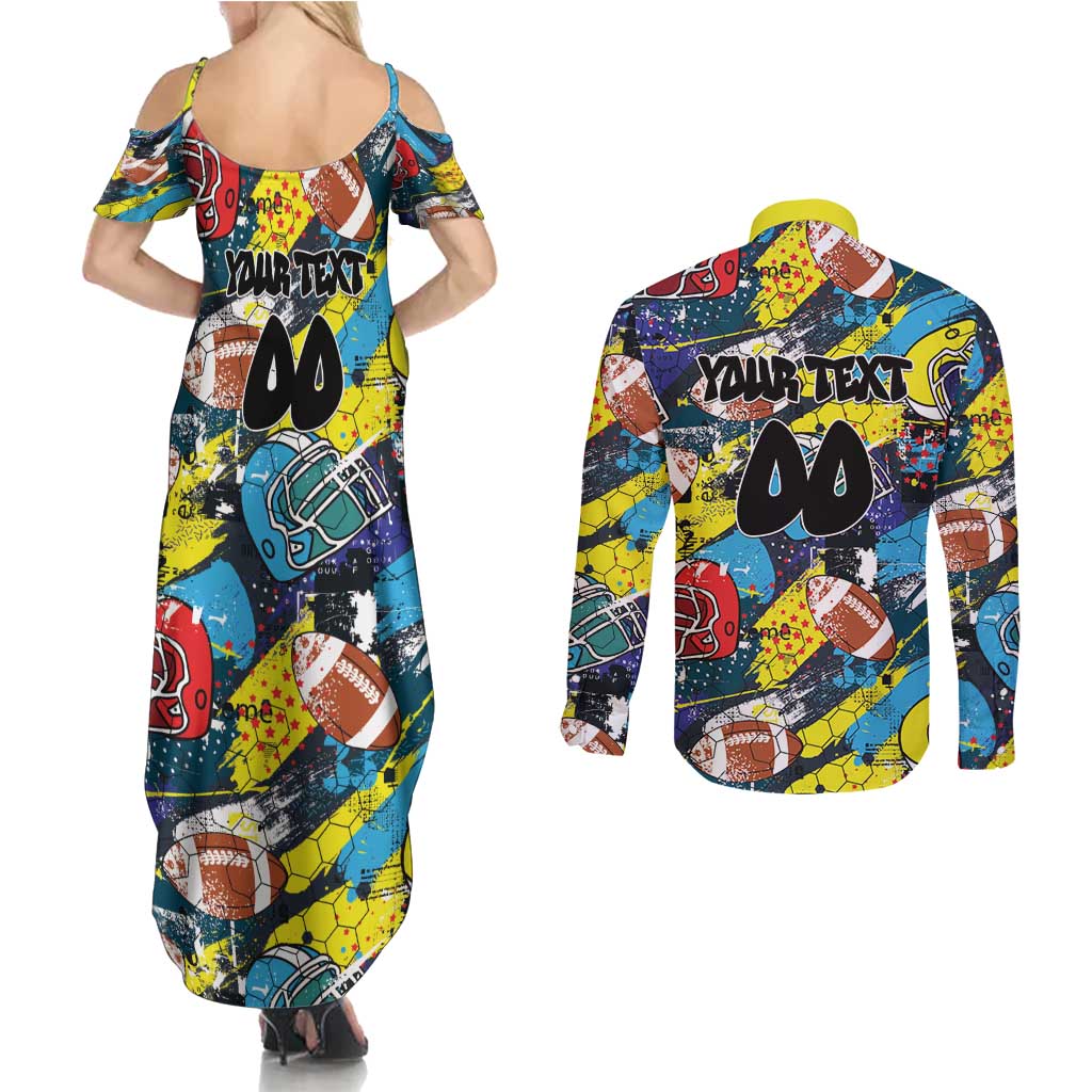Custom American Football Graffiti Couples Matching Summer Maxi Dress and Long Sleeve Button Shirt Unique Style - Wonder Print Shop