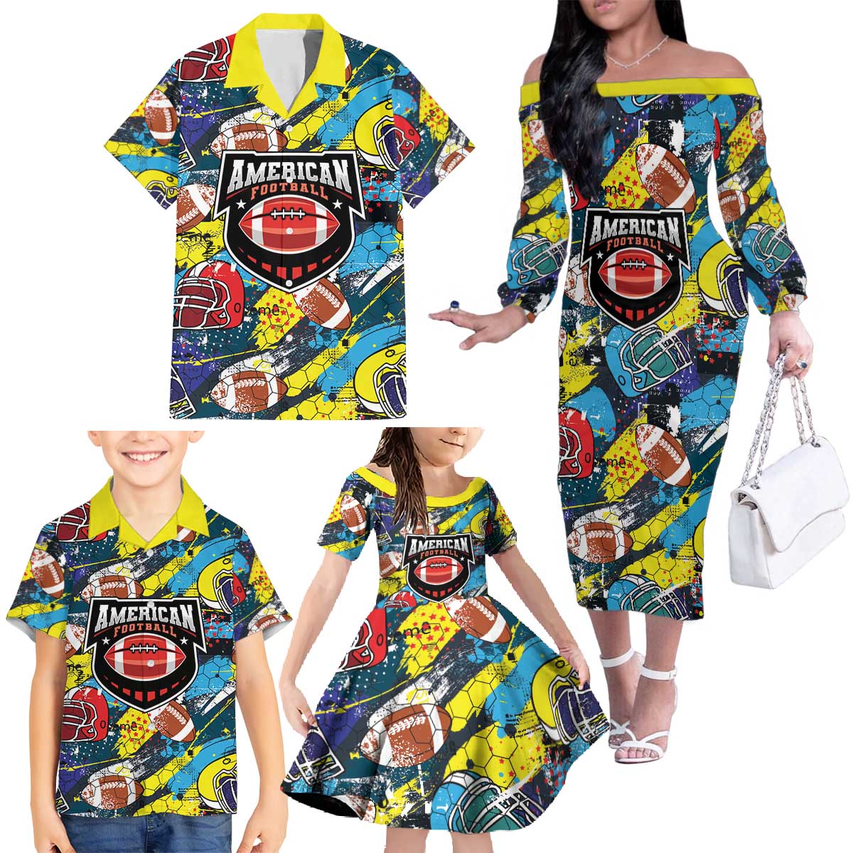 Custom American Football Graffiti Family Matching Off The Shoulder Long Sleeve Dress and Hawaiian Shirt Unique Style - Wonder Print Shop