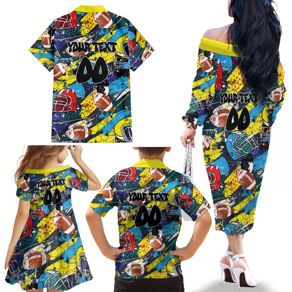 Custom American Football Graffiti Family Matching Off The Shoulder Long Sleeve Dress and Hawaiian Shirt Unique Style - Wonder Print Shop
