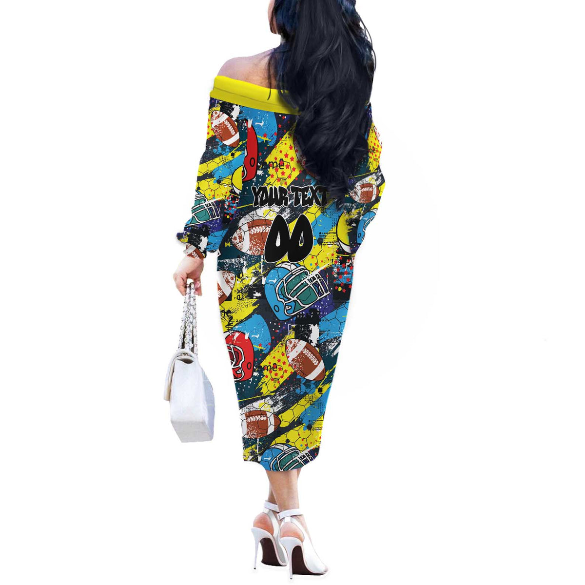 Custom American Football Graffiti Off The Shoulder Long Sleeve Dress Unique Style - Wonder Print Shop