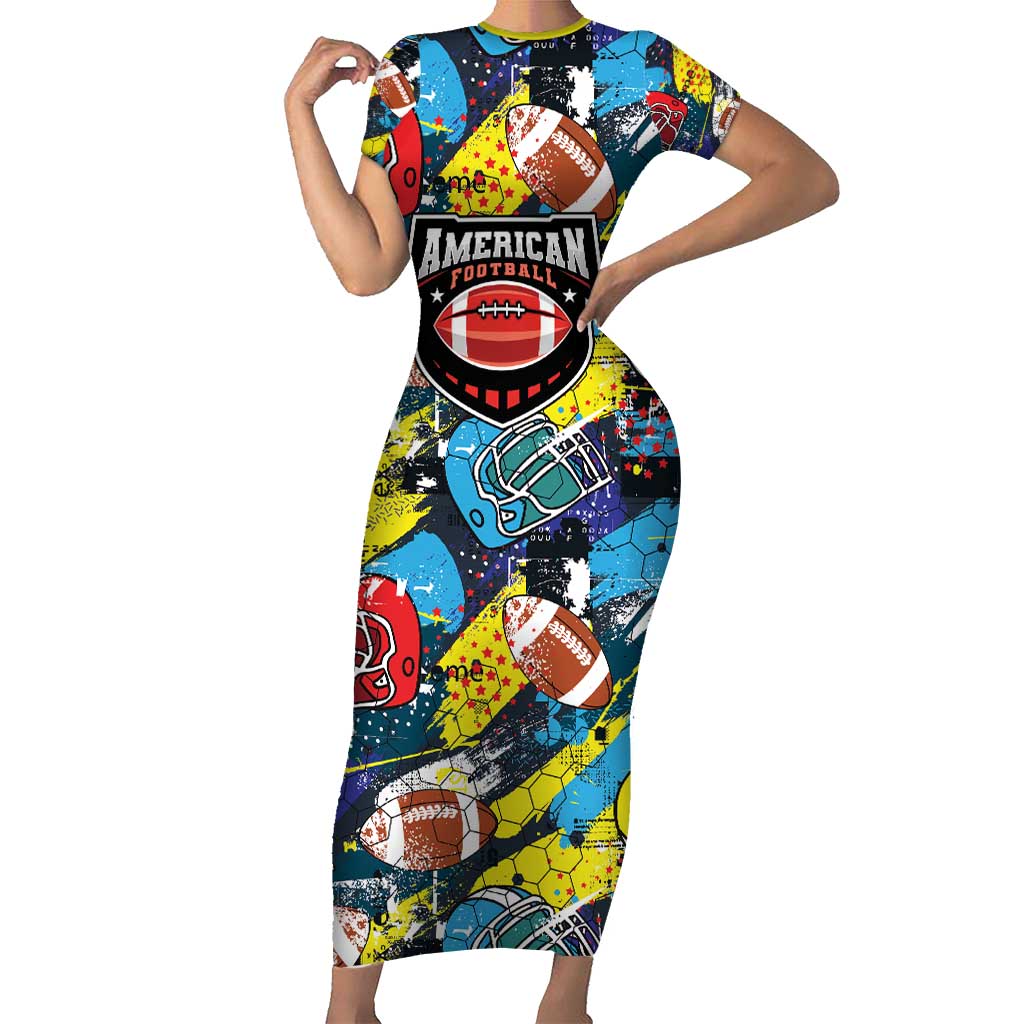 Custom American Football Graffiti Short Sleeve Bodycon Dress Unique Style - Wonder Print Shop