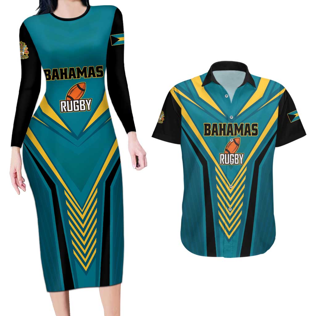 Custom Rugby Bahamas Couples Matching Long Sleeve Bodycon Dress and Hawaiian Shirt The Bahamas Go Champion - Wonder Print Shop