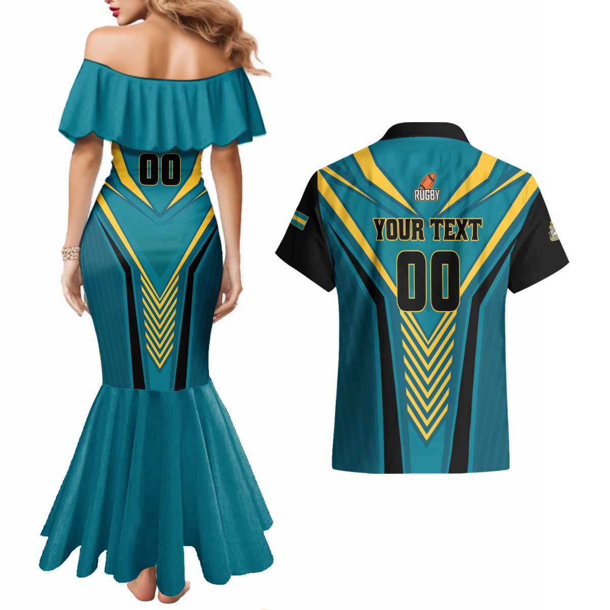 Custom Rugby Bahamas Couples Matching Mermaid Dress and Hawaiian Shirt The Bahamas Go Champion - Wonder Print Shop