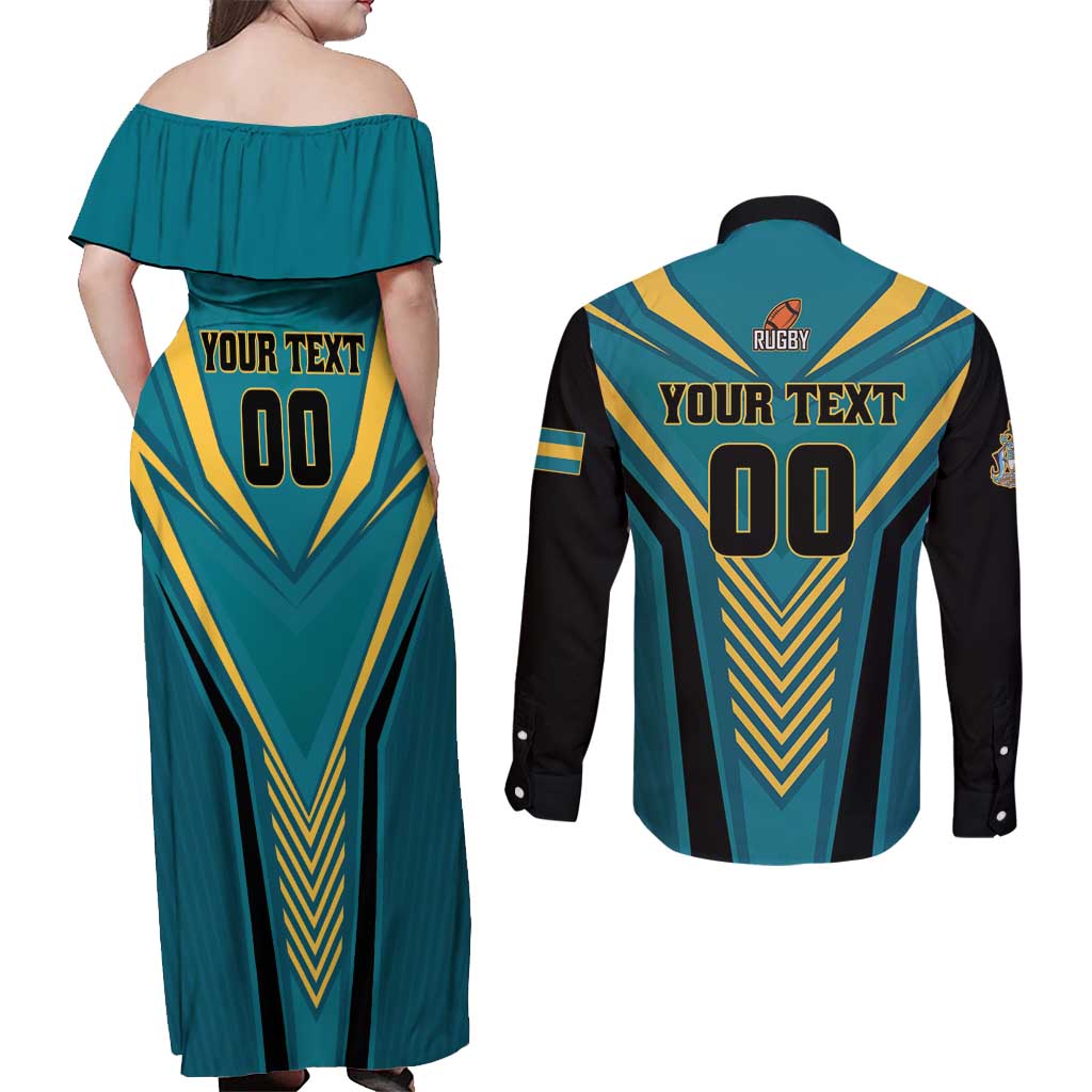Custom Rugby Bahamas Couples Matching Off Shoulder Maxi Dress and Long Sleeve Button Shirt The Bahamas Go Champion - Wonder Print Shop