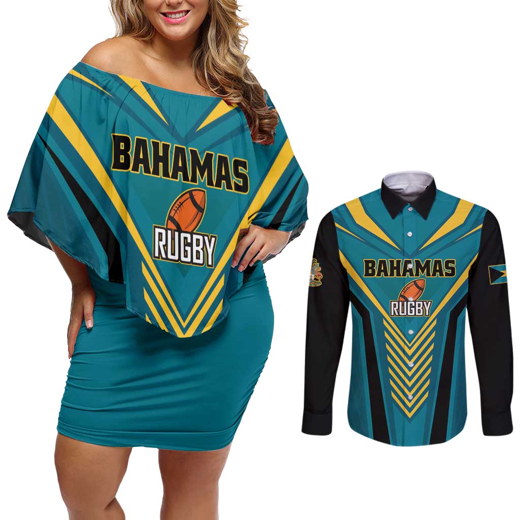 Custom Rugby Bahamas Couples Matching Off Shoulder Short Dress and Long Sleeve Button Shirt The Bahamas Go Champion - Wonder Print Shop