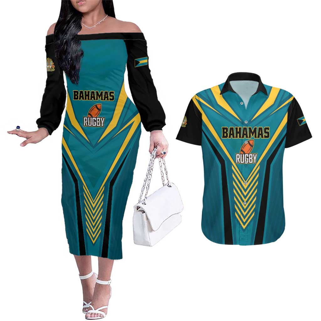 Custom Rugby Bahamas Couples Matching Off The Shoulder Long Sleeve Dress and Hawaiian Shirt The Bahamas Go Champion - Wonder Print Shop