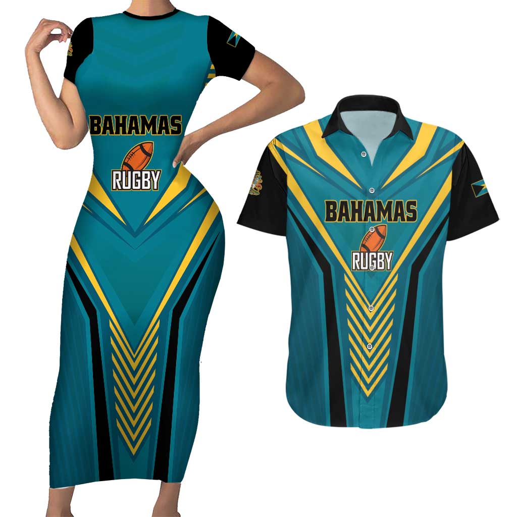 Custom Rugby Bahamas Couples Matching Short Sleeve Bodycon Dress and Hawaiian Shirt The Bahamas Go Champion - Wonder Print Shop
