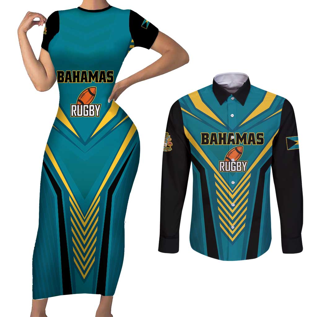 Custom Rugby Bahamas Couples Matching Short Sleeve Bodycon Dress and Long Sleeve Button Shirt The Bahamas Go Champion - Wonder Print Shop