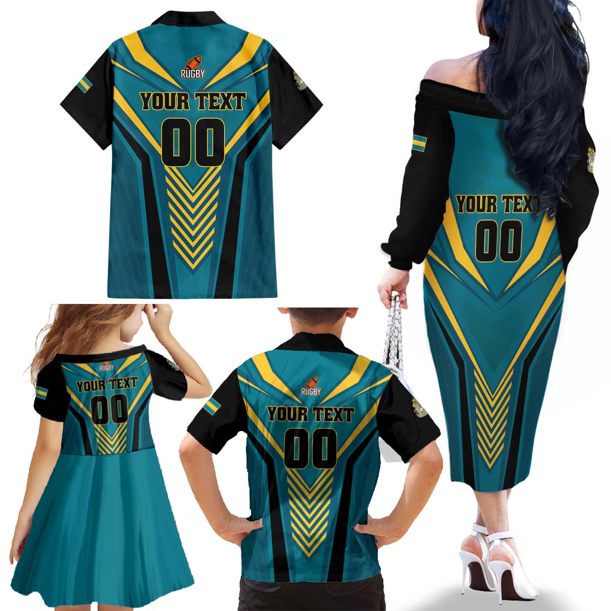 Custom Rugby Bahamas Family Matching Off The Shoulder Long Sleeve Dress and Hawaiian Shirt The Bahamas Go Champion - Wonder Print Shop