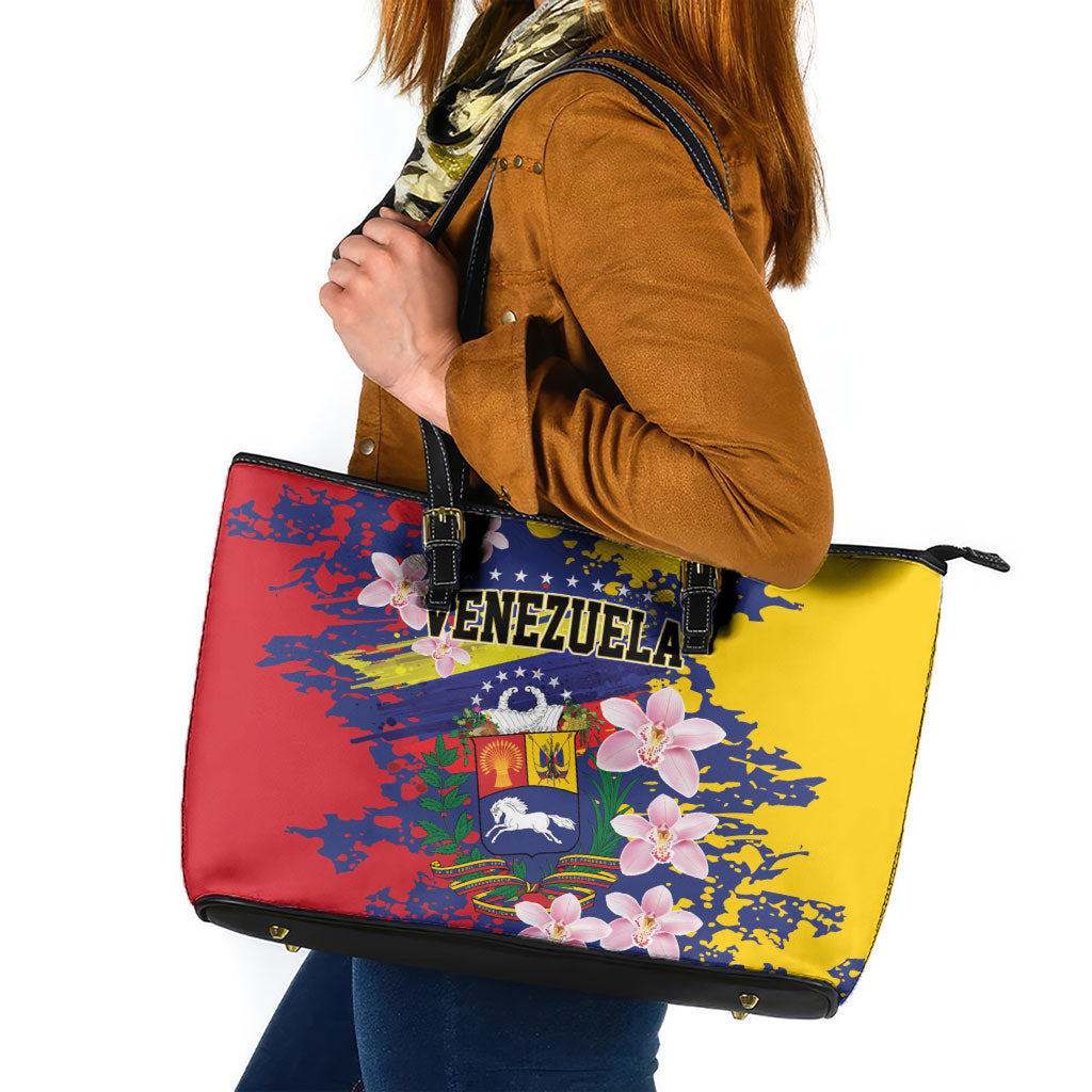 Venezuela Orchid Cattleya Mossiae Leather Tote Bag Flag Color Inspired
