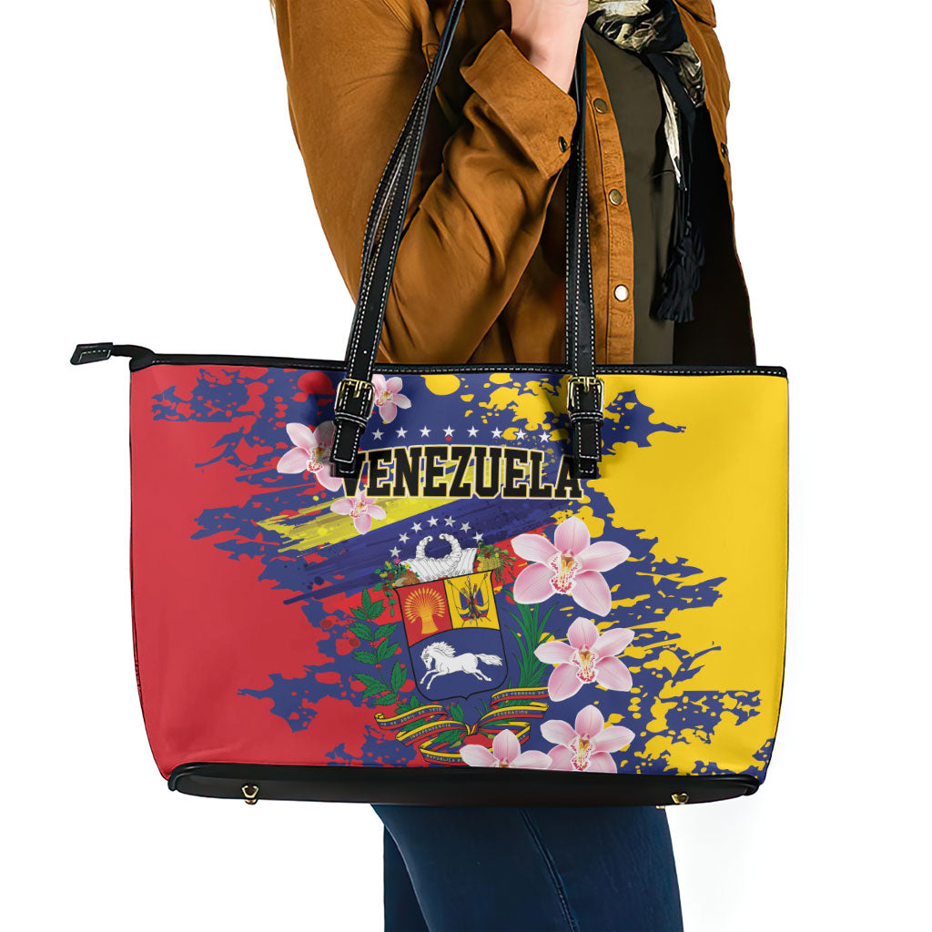 Venezuela Orchid Cattleya Mossiae Leather Tote Bag Flag Color Inspired