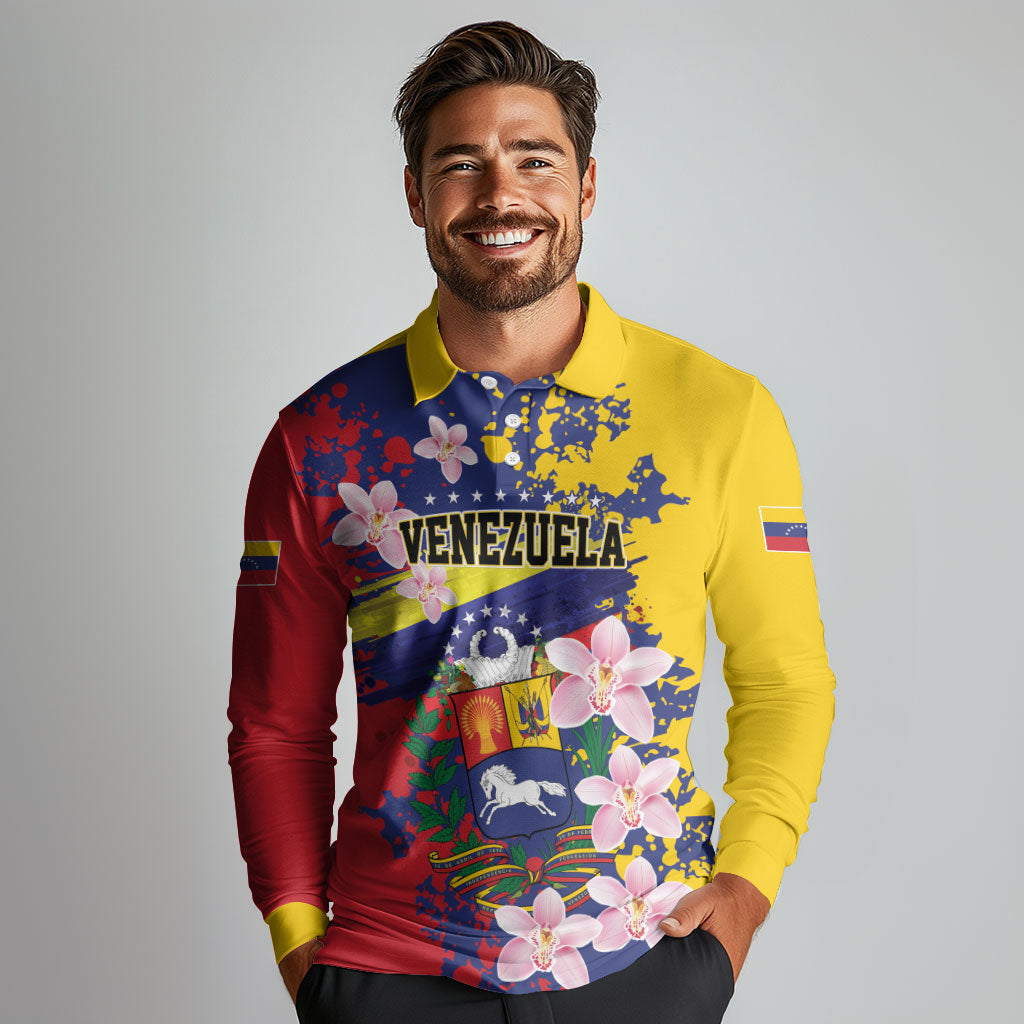 Personalized Venezuela Orchid Cattleya Mossiae Long Sleeve Polo Shirt Flag Color Inspired